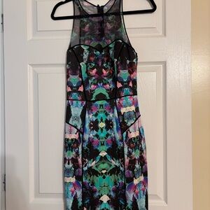 Milly Abstract Kaleidoscope Midi Dress in Black, Pink and Green